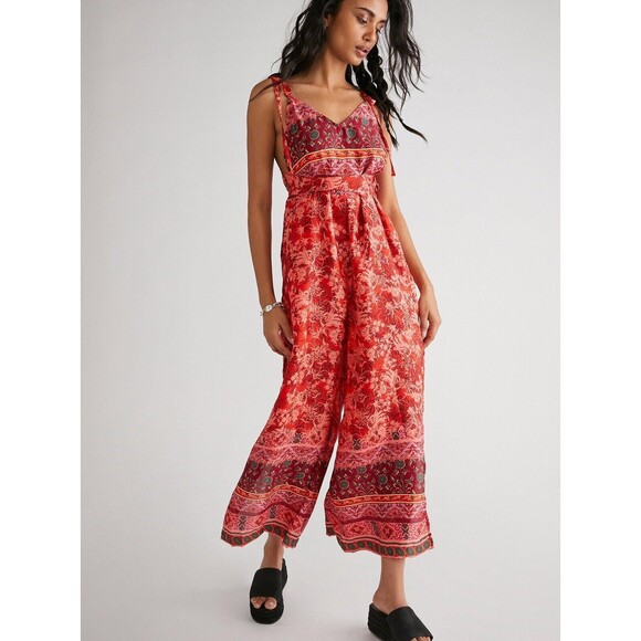 Free People Pants - FREE PEOPLE Leona Red Pattern Jumpsuit Size Small NEW